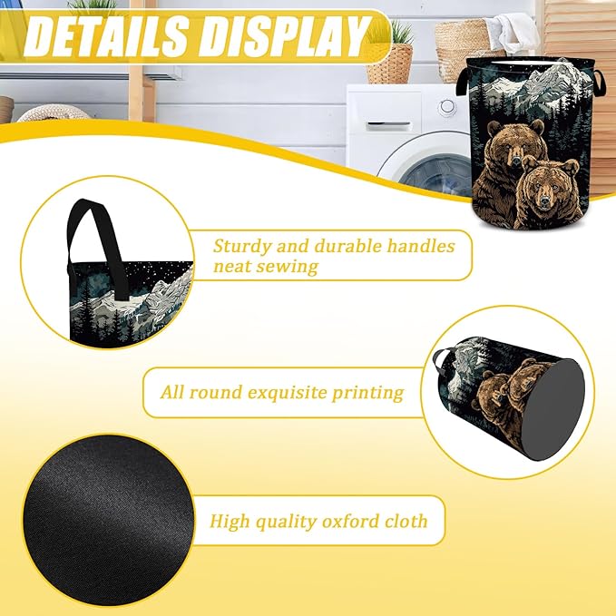 Mountains Bear Laundry Basket,Laundry Hamper With Handles Collapsible Laundry Baskets Waterproof Dirty Clothes Hamper Storage Basket Toy Bins For Room Bathroom Bedroom Decor