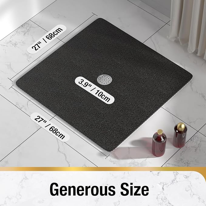HITSLAM Square Shower Mat, 27 x 27 Inch Non Slip Bath Mat for Tub, Soft PVC Loofah Bathtub Mats with Drain Holes, Quick Drying Bathroom Stall Floor Mat, Bathroom Accessories Without Suction Cup, Black