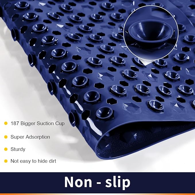 Yimobra Bathtub Mat Non Slip, 27.5"x15.5" Machine Washable Shower Floor Mat, Soft on Feet, Bathmat with Drain Holes and Suction Cups, Bathroom Essentials, Dark Blue