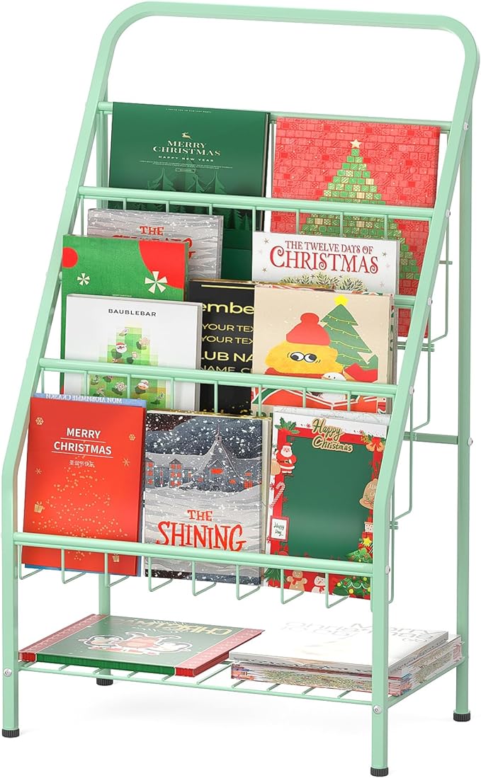 JAQ Green Kids Bookshelf, 4-Tier Metal Book Display Rack for Small Space, Child-Safe Forward Facing Toddler Bookshelf for Classroom, Nursery & Playroom, Easy-to-Clean Sling Design (28.35" Height)