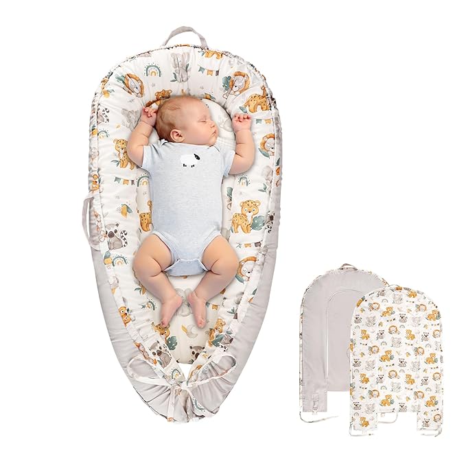 Jundetye Baby Lounger Cover for Boys Girls, Reversible Baby Nest Cover, Adjustable Baby Lounger Replaceable Cover for Infant Newborn, Portable and Machine Washable, Cotton Gray Elephant Cover Only