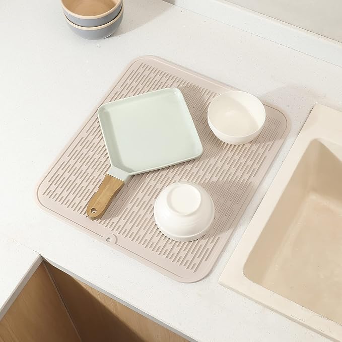 MicoYang Silicone Dish Drying Mat for Multiple Usage,Easy clean,Eco-friendly,Heat-resistant Silicone Mat for Kitchen Counter or Sink,Refrigerator or Drawer Liner Tapioca XL 18 inches x 16 inches