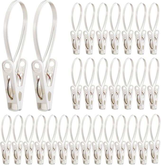Honeydak 30 Pack Multi-Purpose Laundry Hooks Hanging Clips Bulk with Plastic Rope Hanger Clips for Baby Clothes Closet Organizer for Pants Hat Sock Boot Bra Towel Bathroom Wardrobe (White)