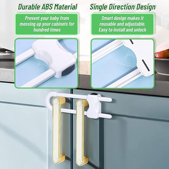 Sliding Cabinet Locks for Babies, Baby Proofing Adjustable U-Shaped Baby Safety Latches for Handles Knobs Drawers, Fridge, Closet, Cupboard, Closet with Secure Lock Buttons,10Pack (White)
