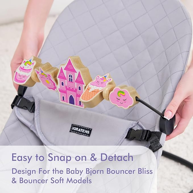 Baby Bjorn Bouncer Toy Bar, Adorable Pink Elements Wooden Toy for Bouncer Soft & Bliss, Easy to Attach and Remove, Child-Friendly Materials, Special Design for Baby Girls, Castle & Dessert