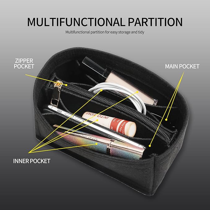 Premium Felt Purse Organizer Insert, 7 Compartments with Removable Zipper Pocket | Small Purse Organizer Fits LV Speedy 20, Noé BB, Mini Ophidia Tote, Groove 20 & More Bag Organizer Insert (Black)