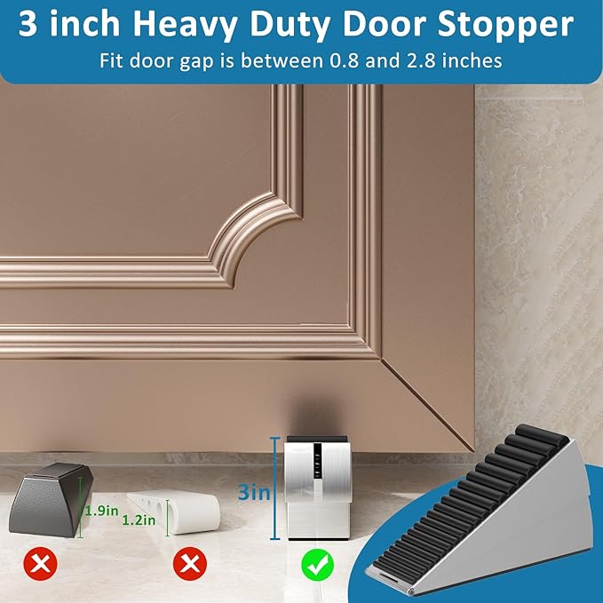2 Pack Heavy Duty Door Stopper, Adjustable Spring Large Stopper, 3 Inches High Tall Wedge Stoppers for Bottom of Door, Door Stop Suits Any Heavy Door