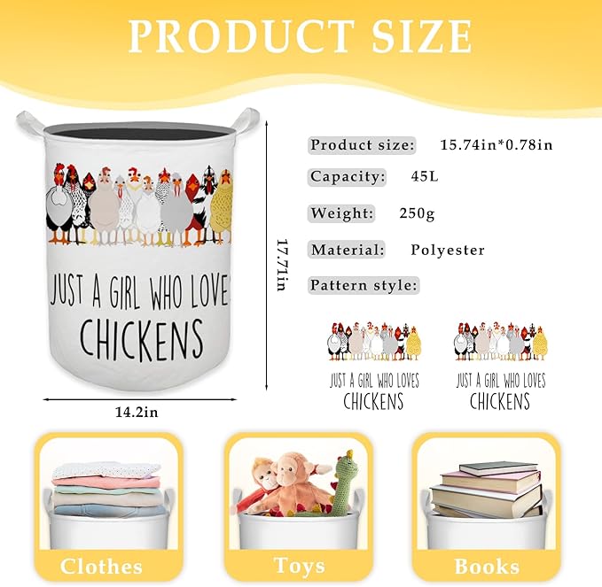 HKTZM Chicken Gifts for Girls Laundry Basket, Farmhouse Chicken Rooster Waterproof Collapsible Laundry Hamper Dirty Clothes Storage Toy Bin Organizer for Bathroom Bedroom Nursery Girls Kids Room
