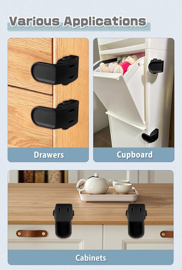 Maveek Baby Proofing Drawers, 4 Pack Child Proof Locks For Corner Drawer Thinner Door Cabinet Kitchen Cupboard Dresser Fridge, Childproof Furniture Latch For 0-12 month Infant (Black)