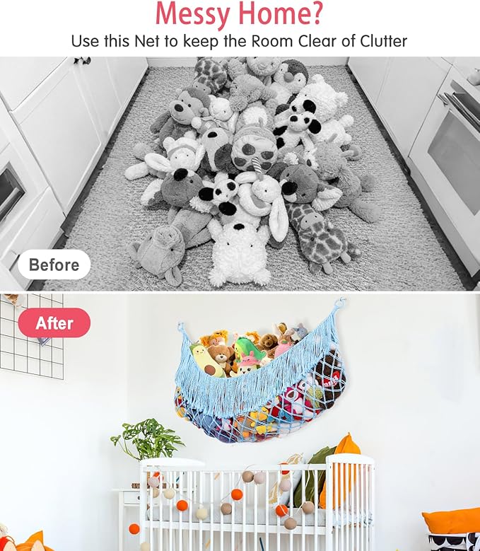 Stuffed Animal Hammock - Extra Large 56'' Long, Stuffed Animal Storage, stuffed animal Holder net, Hammock Large, Storage Hanging Organizer - Light blue