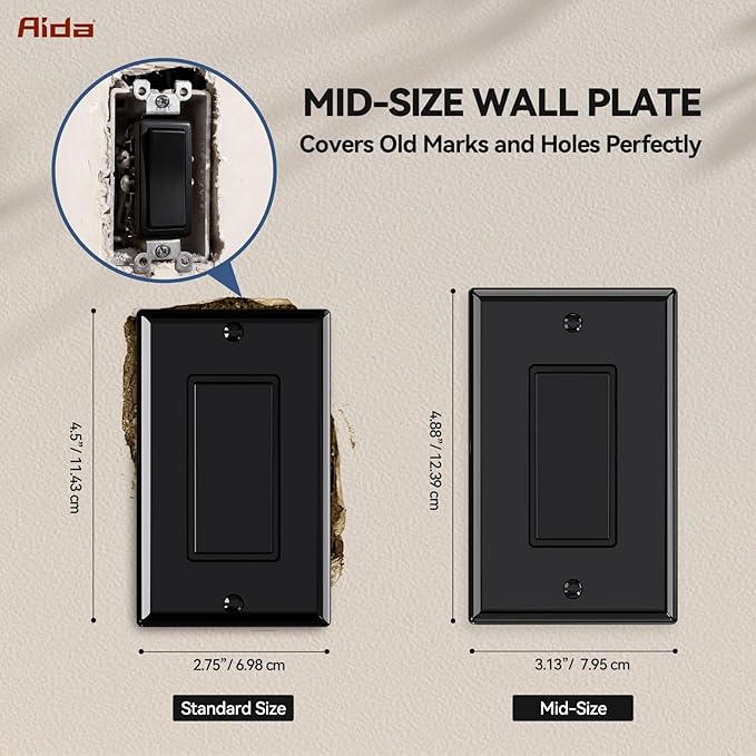 AIDA Decorative Wall Plate, 1-Gang Mid-Size, Unbreakable Polycarbonate Faceplates. Designed for decorator devices, UL Listed,Screws Included(10 Pack, Glossy Black)