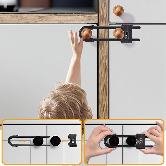 4 Packs Sliding Cabinet Locks, Baby Proofing U-shaped Child Safety Latches Adjustable White Locks For Handles Knobs Drawers - Black