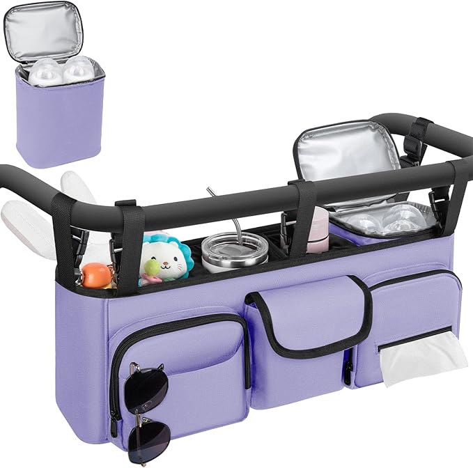 Double Stroller Organizer Compatible with Bob Duallie and Baby Jogger City Mini GT2, Double Baby Stroller Accessories with Cooler Bag, Parent Console Double Jogging Stroller Caddy, Purple