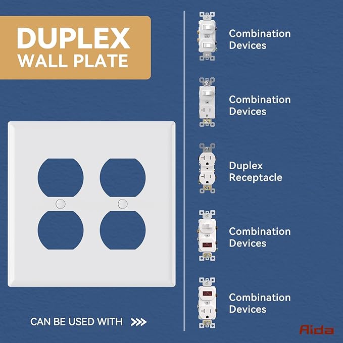 AIDA 2-Gang Duplex Receptacle Wall Plates, 4.88"H x 4.94"L Mid-Size Unbreakable Thermoplastic Cover for Outlets, UL Listed (4 Pack, Glossy White)