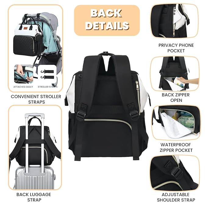 ROSEGIN Baby Diaper Bag Backpack with Changing Pad, Pacifier Case, for Boy Girl Toddler - Large, Stylish, Waterproof Travel Quilted Diaper Bag for Mom - Black/White