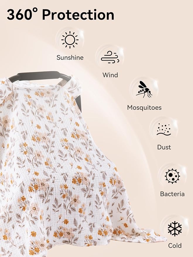 TILLYOU Baby Car Seat Cover, Breathable Muslin Cotton Infant Car Seat Cover, Lightweight Canopy with Sun and Bug Protection(Yellow Flower)