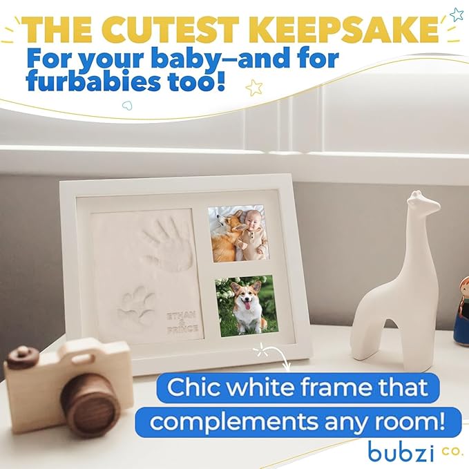 Bubzi Co Baby Hand & Footprint Kit, Clay Handprint Keepsake Frame, Newborn Nursery Picture Frames, Hand Print Mold Kit, Personalized New Mom Gifts for Baby Shower & Registry (Fresh White)