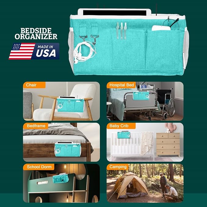 Bedside Caddy Organizer Hanging Storage Bag with Pockets for Books, Magazines, Phone, Tablet & Water Bottle – Bedside Storage for Dorm, Bunk Beds, Hospital Beds & Cribs, Green