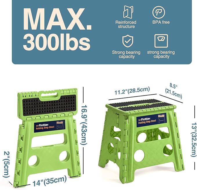 Flottian 13" Folding Step Stool for Adults and Kids Holds Up to 300 lbs,Non-Slip Folding Stools with Handle, Compact Plastic Foldable Step Stool for Bathroom,Bedroom, Kitchen,Grass Green,1PC