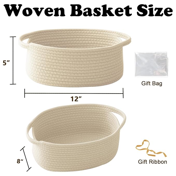 Small Woven Rope Basket-Empty Gifts Basket with Bag and Ribbons,Cute Handle Organizer Box for Birthday/Baby Shower, Toy Storage, Nursery Organizing & Shelf Decor(Cream)
