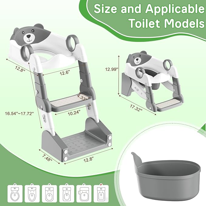 Potty Training Seat, 2-in-1 Toddler Toilet Training Seat & Potty Chair for Kids Boys Girls, Height Adjustable Toilet Seat with Splash Guard, Stable Wide Base Design, Anti-Slip Steps Stool