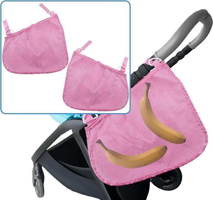 2 Pack Universal Side Sling Stroller Organizer with Mesh Cargo Net,Adjustable and Non-Slip Stroller Storage Bags, Portable Side Sling Stroller Cargo Net for Baby Accessories(Pink)