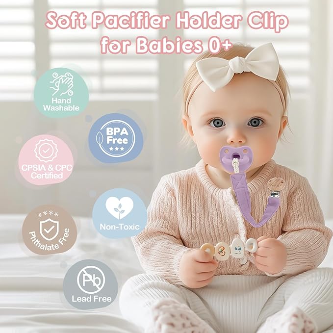 TYRY.HU Ribbon Pacifier Clip Holder,4 Pack Binky Paci Holder Clips, Pacifier Leash, Soft Webbing Strap Universal Fits for Most Pacifier, Styles(Cream,Grey,Rose,Purple)
