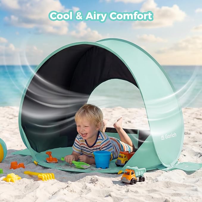 Gorich Pop Up Baby Beach Tent with UPF50+ UV Protection, Portable Toddler Sun Shelter with Mesh Ventilation, Lightweight & Foldable Play Shade Tent for Beach, Park & Backyard