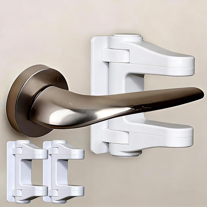Door Handle Baby Proof, 2 Pack Door Lever Lock Child Proof No Drilling, Strong 3M Adhesive Child Safety Locks for Doors Cabinet Simple Install and No Tools Needed, White