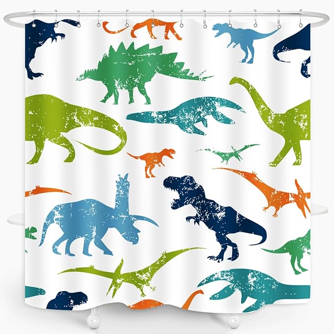 Dinosaur Shower Curtain Colorful Kid Cartoon Jurassic Children Dino Elasmosaurs Themed Bath Curtain Waterproof Fabric Bathroom Decor 72x72 Inch Plastic Hooks 12 PCS