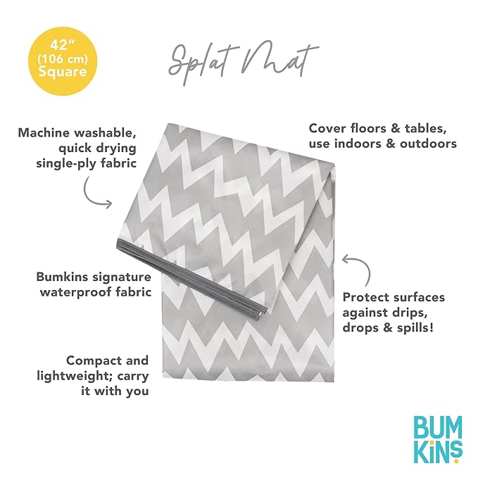 Bumkins Baby Splat Mat for Under High Chair, Babies Toddlers Eating Mess Mat, Waterproof Reusable Cloth for Arts and Crafts, Playtime Mat for Kids, Floors or Tables, Fabric 42inx42in, Gray Chevron