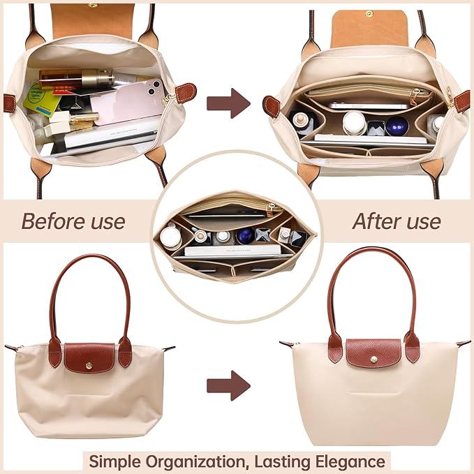 OPPOSHE Purse Organizer Insert for Longchamp Le Pliage, Premium Felt Long Champ Bag Handbag Women, Tote Organizer Insert with 9 Compartments (Large, Beige)