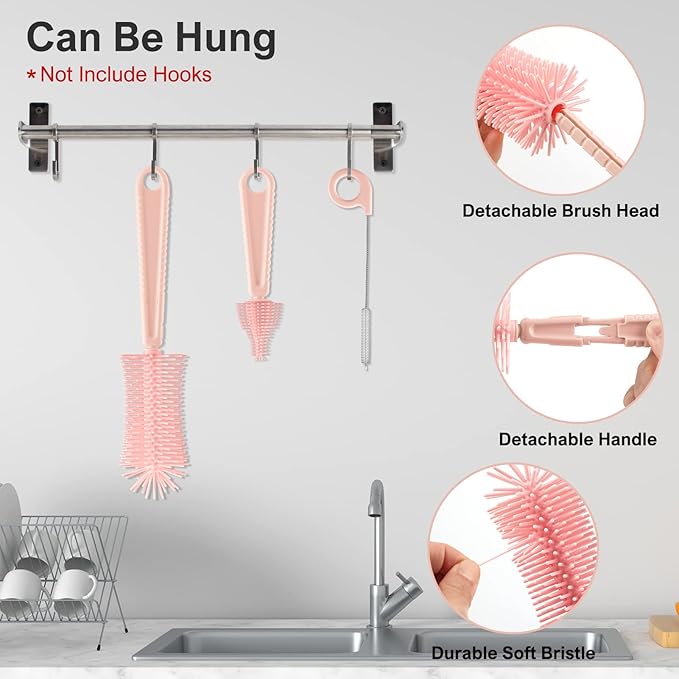 YomauiYee Baby Bottle Brush Set-6 in 1 Bottle Brush Cleaner with Silicone Bottle Brush,Drying Rack,Nipple Brush,Straw Brush,Soap Dispenser&Storage Box-Baby Essentials Gifts for Home&Travel(Pink)