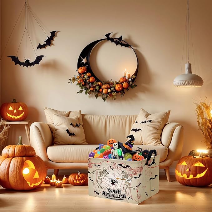 ASKETAM Halloween Basket Gift Terror Ghost Parties Decor Kid Trick or Treat Basket for Boys and Girls Rectangular Storage Bin Box (Skeleton Bat)