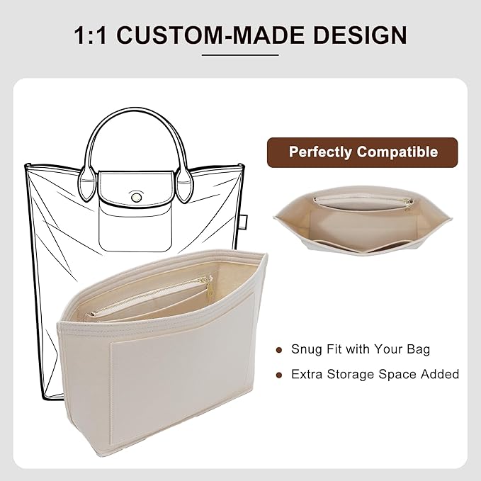 Premium Felt Purse Organizer Insert for Longchamp Le Pliage M Top Handle Tote Bag, Lighweight Long Champ Medium Tote Divider with Zipper Pocket,Bags Storage Shaper with 7 Pockets,SM/Beige