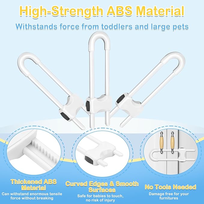 Modacraft 10 Pcs Sliding Cabinet Latches, U Shaped Cabinet Door Locks, Baby Cabinet Safety Latches for Baby Proofing, No Drilling Tool-Free Installation Easy to Use for Knobs or Handle Double Door