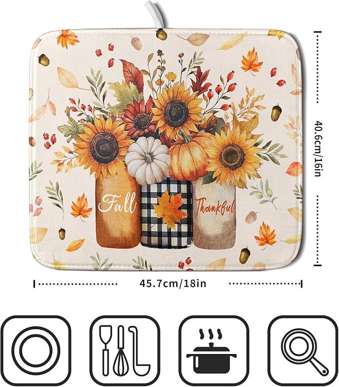 Autumn Sunflowers Vase Dish Drying Mat for Kitchen Counter,Fall Pumpkin Maple Leaves Drying Mat 16 x 18 Inch with High Absorbent Microfiber Dish Drying Drainer Mat for Coffee Bar