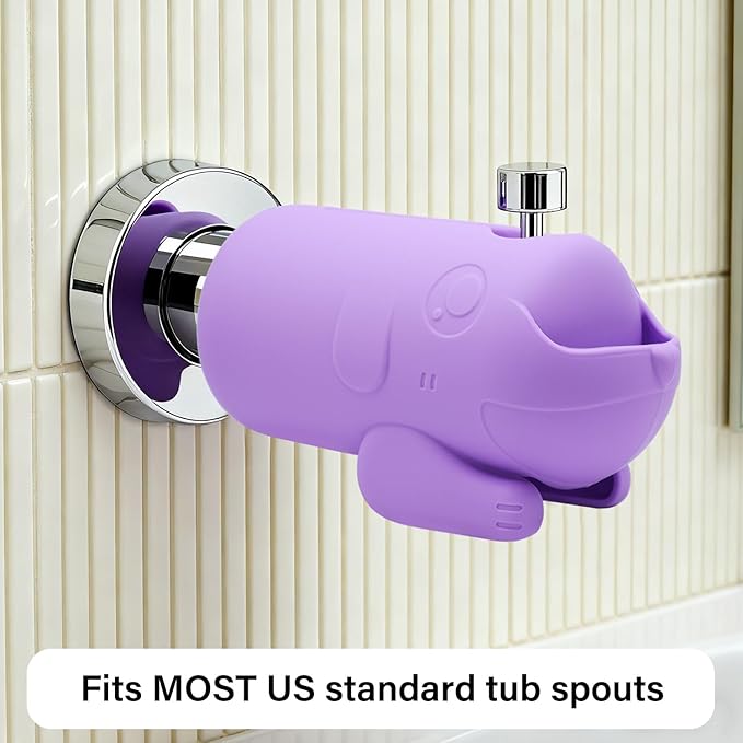 mandoo Faucet Extender for Toddlers, Bath Spout Cover for Baby, Bathtub Faucet Cover for Baby, Toddler Bath Silicone Shower Toys,Head Protector for Kids Safety.（Purple+Brush）