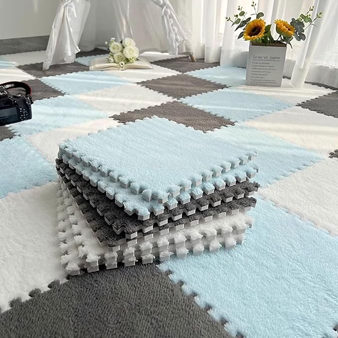 12pcs Plush Puzzle Foam Floor Mat, Cute Soft Fluffy Interlocking Square Foam Tiles Area Rugs Carpet for Parlor Bedroom Decoration(11.8x11.8x0.4in, Grey&White&Light Blue)