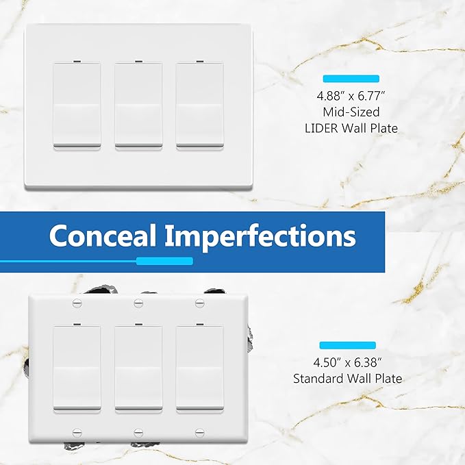 LIDER Matte Finish Decorator Switch Cover, Screwless Wall Plate, Mid-Size 3-Gang 4.88" x 6.77", Unbreakable Polycarbonate Thermoplastic, UL Listed, LSWP-33M-W2P, White, 2 Pack