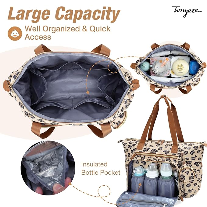 Tonyeee Diaper Bag Tote, Large Baby Diaper Bags for Travel, Hospital Bag for Labor Delivery with Pacifier Case, Changing Pad, Shoulder Strap, Leopard Print
