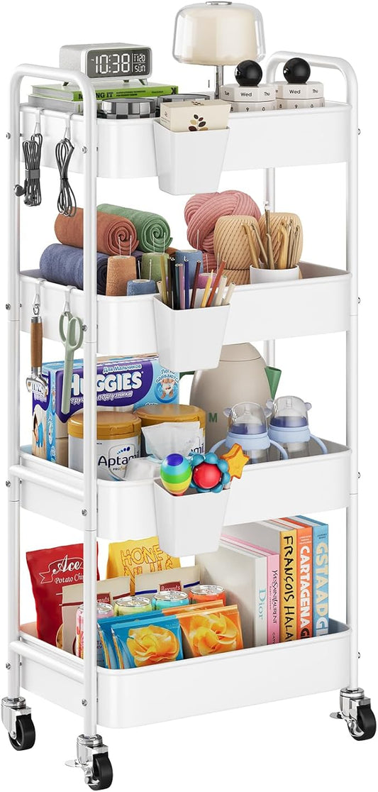 4-Tier Metal Rolling Cart with Wheels, Storage Utility Organizer Cart for Kitchen, Bathroom, Office, Baby Essentials & Makeup - Lockable Casters, Easy Assembly, Large Capacity,White