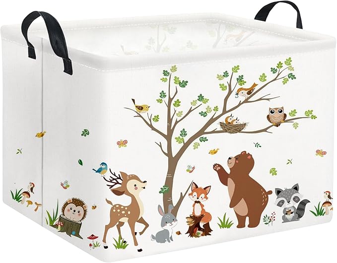 TIBAOLOVER Rectangular Kids Storage Basket Baby Storage Basket with Handles for Home Kitchen Boys and Girls Cute Toy Storage Bin Organizer Shelf Book Room Decor(Tree Animal)