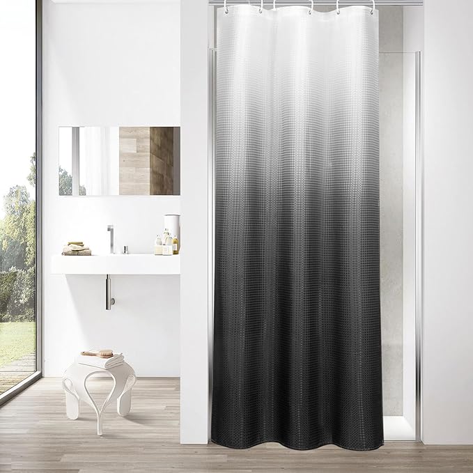 MitoVilla Black White Waffle Small Stall Shower Curtain 36 x 72, Half Size Fabric Narrow Shower Curtains for Bathroom Decor, 36 inch Weighted Shower Curtain Set with Plastic Hooks, Black Ombre