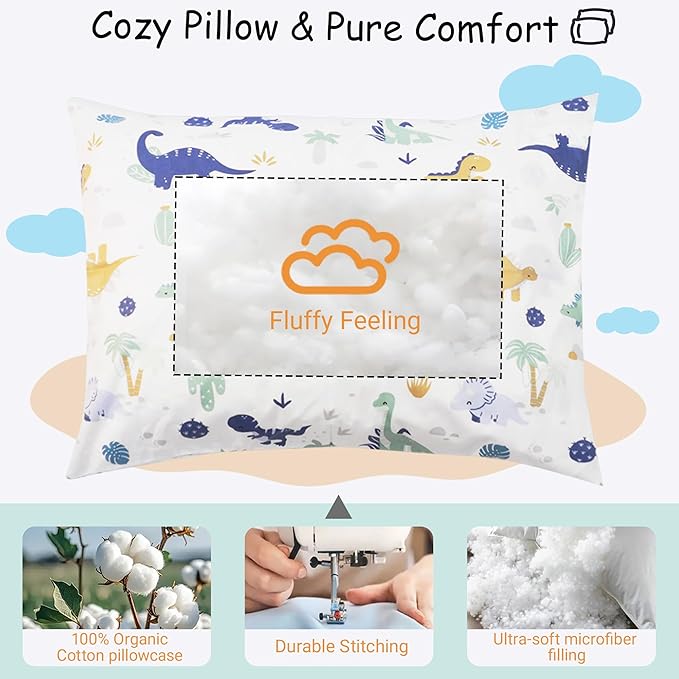 ZPECC Toddler Pillow with Pillowcase - Organic Cotton Hypoallergenic Kids Pillow, Baby Essentials for Travel Crib Daycare Stroller (Intended for Age 2 and up) (Dinosaur, 2 Piece Set 13“x18”)