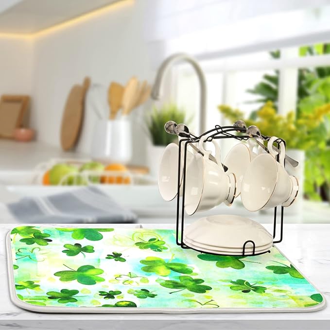 Absorbent Dish Drying Mat for Kitchen Counter - Clover Clover Microfiber Drying Pad, Reversible Drainer Mats for Countertop, Small 16" x 18"