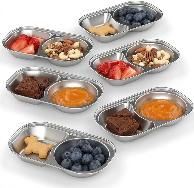 Bakpoco Stainless Steel Toddler Plates Set of 6, 2-compartment Kids Plates for Snack Portion Control, Small Divided Plate for Baby Feeding & Adults Camping, Non-toxic Dishwasher Safe Metal Dish