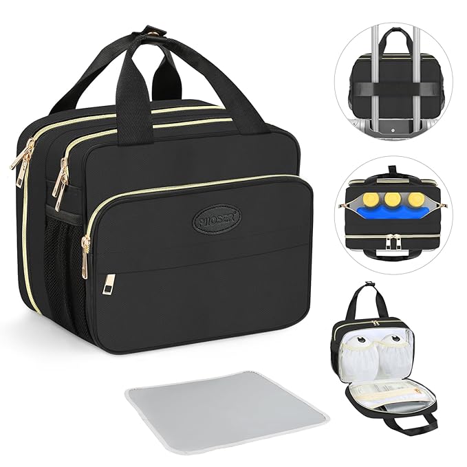 PIIOSER Breastmilk Cooler Travel Bag with Ice Pack, Compatible with Wearable Breast Pumps & Accessories - Breastfeeding On The Go for Nursing & Working Moms, Black