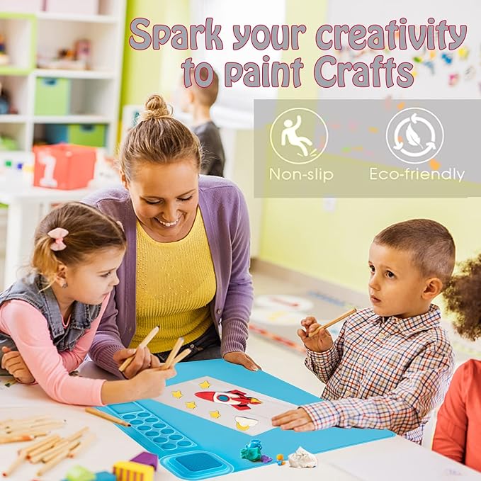 Lymoc Painting Stations,Silicone Art Mat [1x Apron,1 Pair Oversleeve,20 Pieces Brushes] Painting Craft Mats 21"X17" with Detachable Cup for Resin for Kids Gift,Paint, Clay, DIY Projects