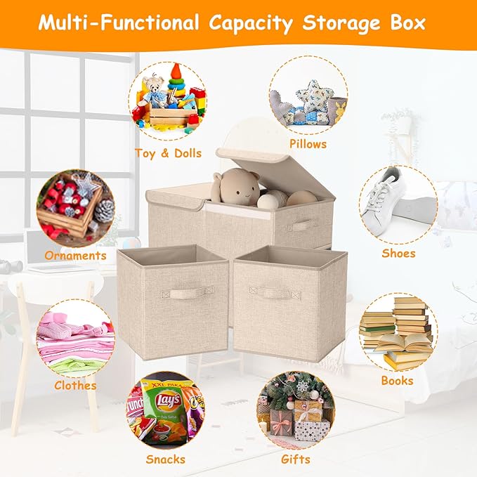 Fiwochic 3 Pack 23" Large Toy Storage Box with 11" Cubes Bins, Collapsible Toy Organizer Chest with Lids for Kids Nursery Playroom Bedroom Living Room Christmas Ornament Storage Box(Beige)
